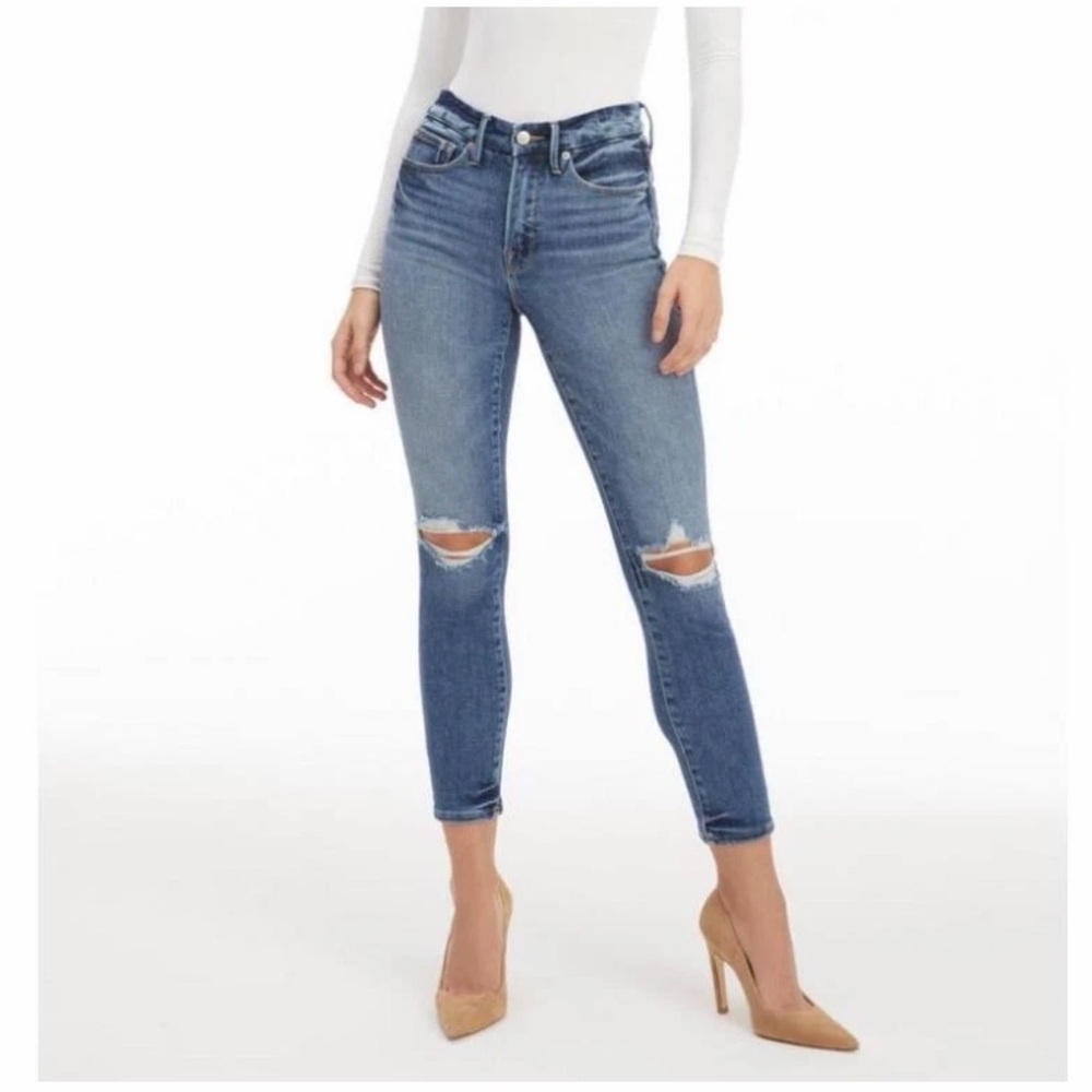 GOOD AMERICAN Good Legs Ripped High Waist Crop Skinny Jeans In Blue836